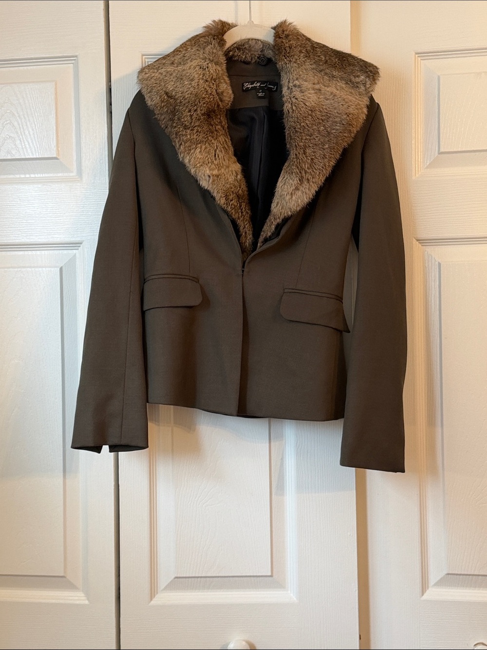 Elizabeth and James  Olive Brown Blazer with Removable Real Fur Collar